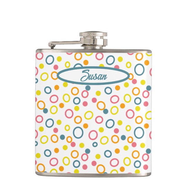 Teal Yellow Pink Orange Circles Dots Flask (Front)