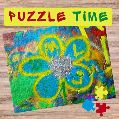 Teal Yellow Spray Flower on the Graffiti Wall _  Jigsaw Puzzle