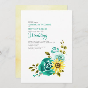 Teal Yellow Sunflower Floral Wedding Invitation
