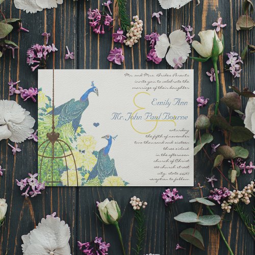 Teal  Yellow Vintage Peacock Birdcage Wedding Invitation