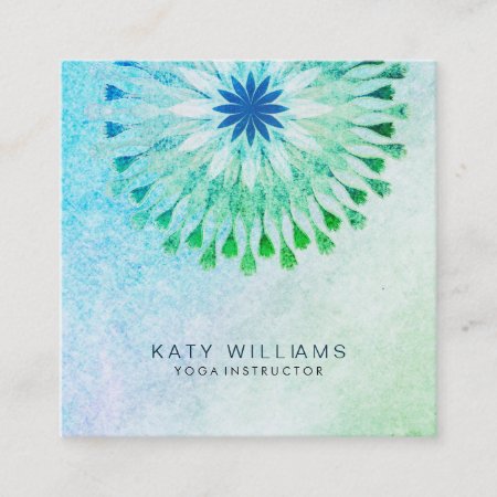 Teal Yoga Instructor Lotus Flower Watercolor Beach Square Business Car