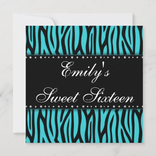 Teal Zebra Diamonds Sweet 16 Birthday Invitations