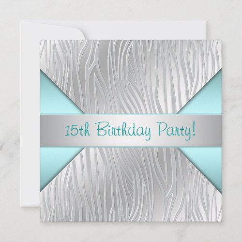 Teal Zebra Elegant 15th Birthday Invitation