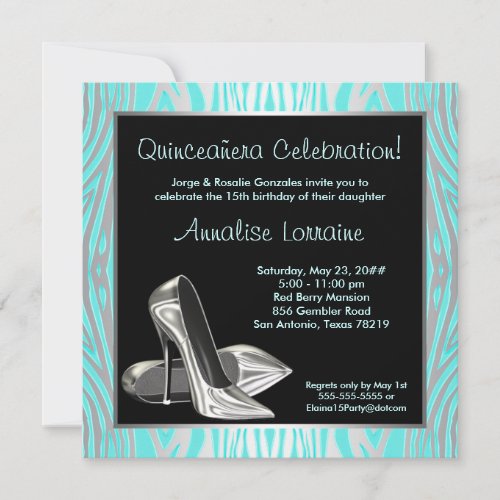 Teal Zebra High Heels Quinceanera 15th Party Invitation
