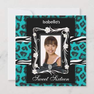 Teal Zebra Leopard Sweet Sixteen 16 Black White Invitation