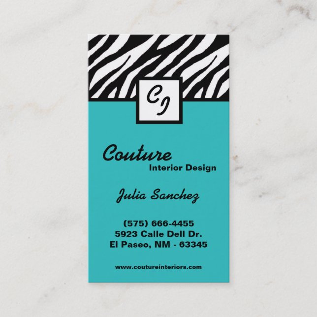 Teal Zebra Print Custom Personalize Business Card (Front)