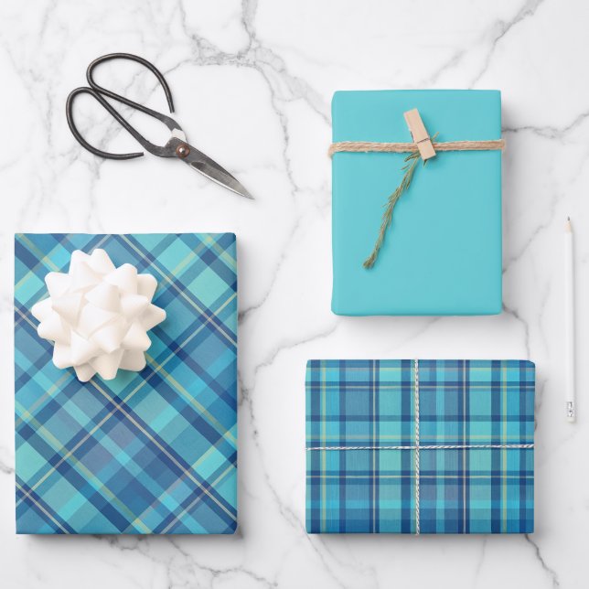 Teals, Blue & Yellow Plaid Wrapping Paper Sheets (Front)