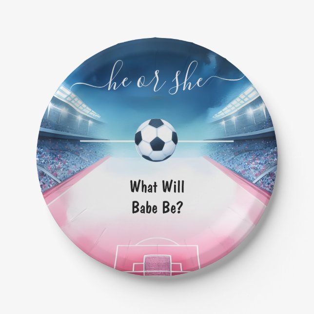 Team Ball Pitch Fun Soccer Field Gender Reveal Paper Plates (Front)