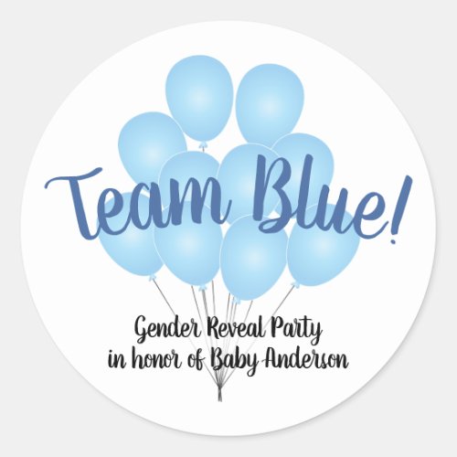Team Blue Balloons Gender Reveal Party White Classic Round Sticker