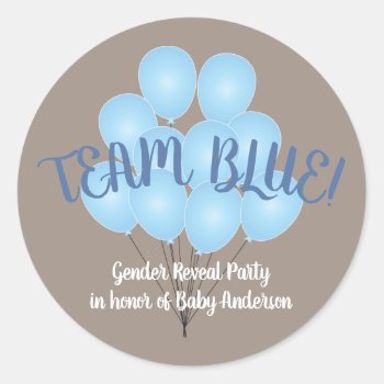 Team Blue | Blue Balloons Gender Reveal Party Classic Round Sticker by daisylin712 at Zazzle