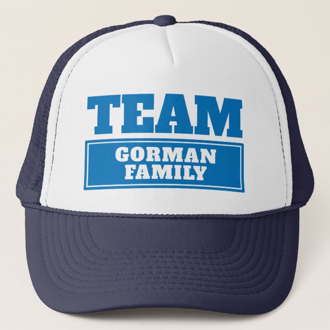 Team blue personalized team name or family name trucker hat (Front)