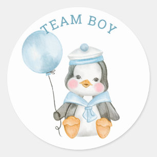 Team Boy   Blue Penguin Gender Reveal Voting Game Classic Round Sticker