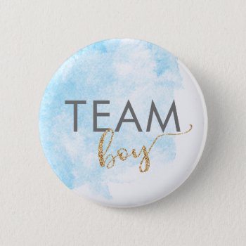 Team Boy Blue Watercolor Glitter Gender Reveal Button by daisylin712 at Zazzle