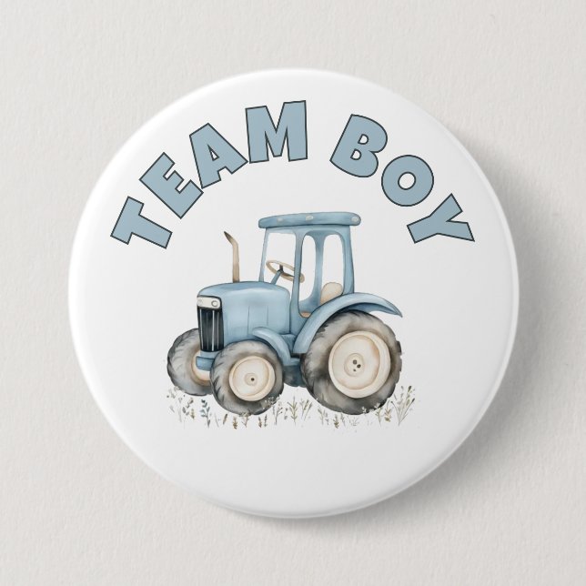 Team Boy Cute Blue Farm Tractor Gender Reveal  Button (Front)