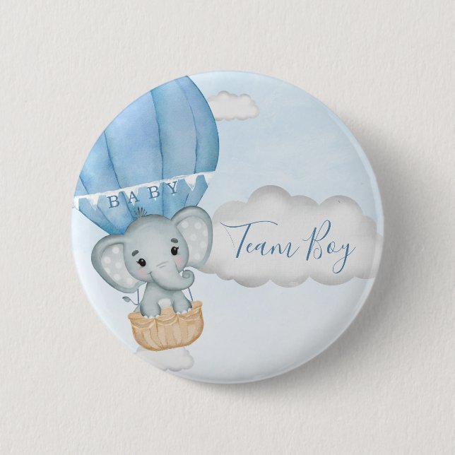 Team Boy Elephant Balloon Baby Shower Button (Front)