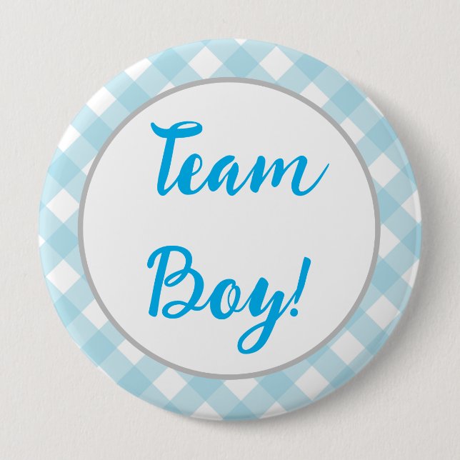 Team Boy, Gender Reveal Button, Blue Plaid Button (Front)