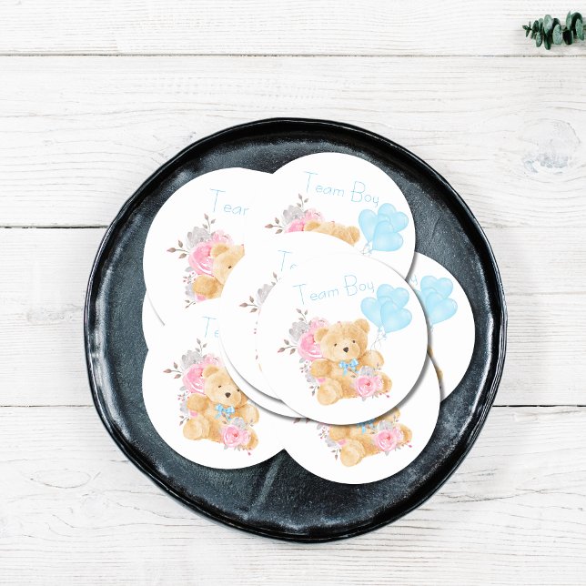 Team Boy Gender Reveal Party Vote Bear Classic Round Sticker (Creator Uploaded)
