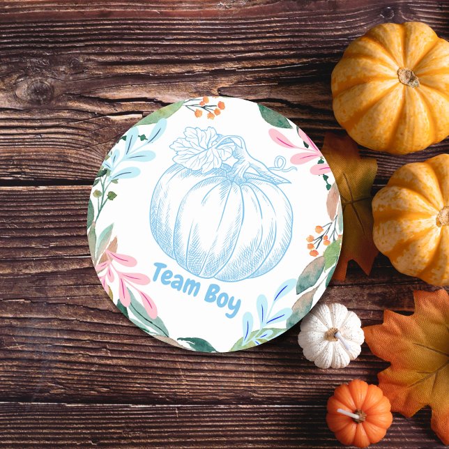 Team Boy Gender Reveal Party Vote Blue Pumpkin Classic Round Sticker (Creator Uploaded)