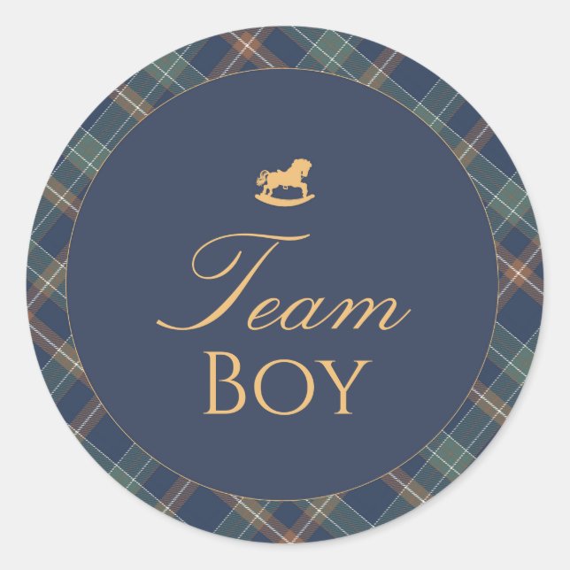 Team Boy Gender Reveal Voting Sticker Navy Plaid (Front)