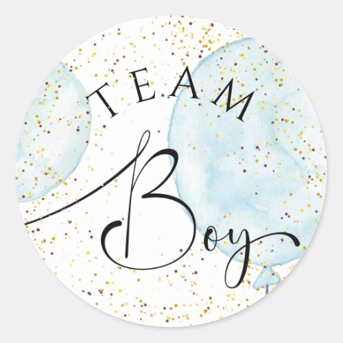 Team boy gender reveal watercolor blue balloons  classic round sticker