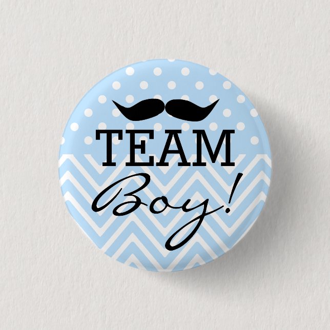 Team Boy Mustache Blue Baby Shower Button (Front)
