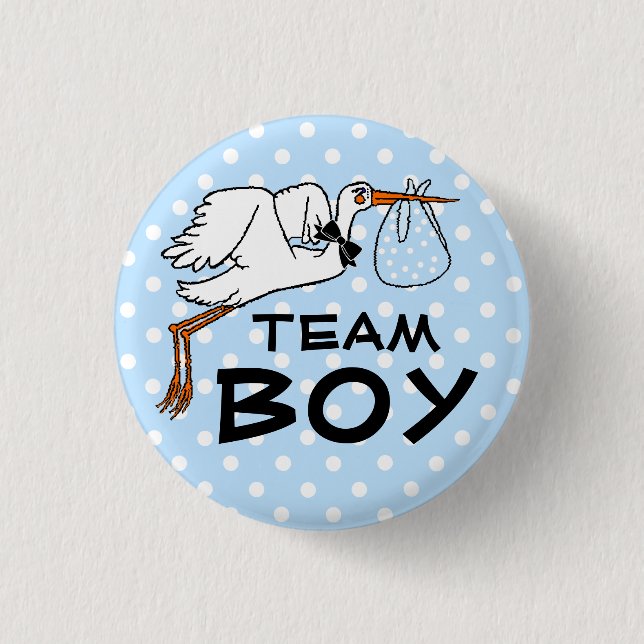 Team Boy Stork Baby Shower Gender Reveal Button (Front)