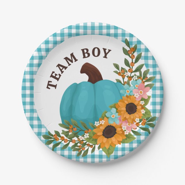 Team Boy Sunflowers Little Pumpkin Gender Reveal Paper Plates (Front)