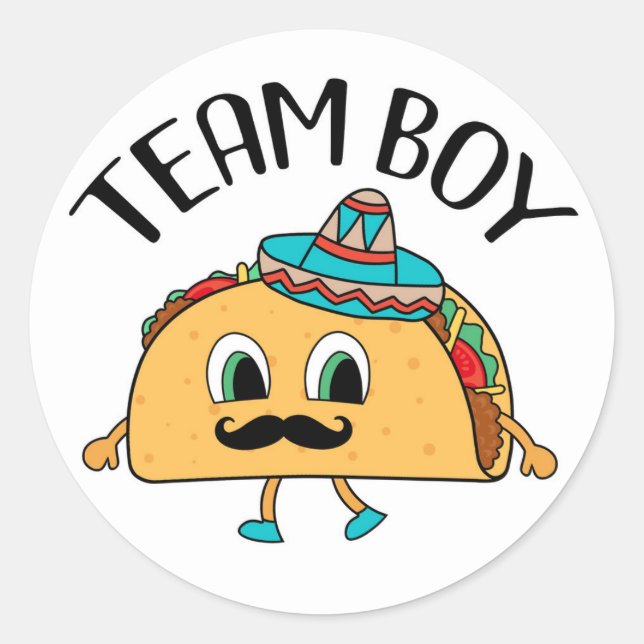 Team Boy Taco themed gender reveal party stickers (Front)