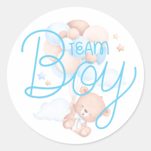 Team Boy Watercolor Teddy Bear Gender Reveal Classic Round Sticker