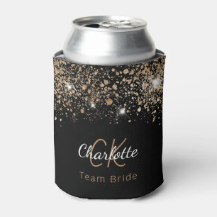Team Bride black gold glitter monogram name Can Cooler