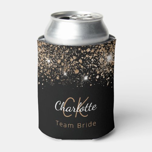 Team Bride black gold glitter monogram name  Can Cooler