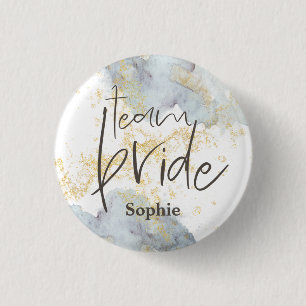 Team Bride Blue Ombre Watercolors Gold Name Button