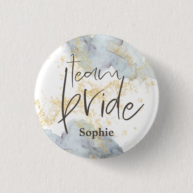 Team Bride Blue Ombre Watercolors Gold Name Button (Front)