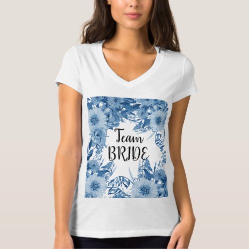 Team Bride Bridal Watercolor Blue Botanical Floral T_Shirt