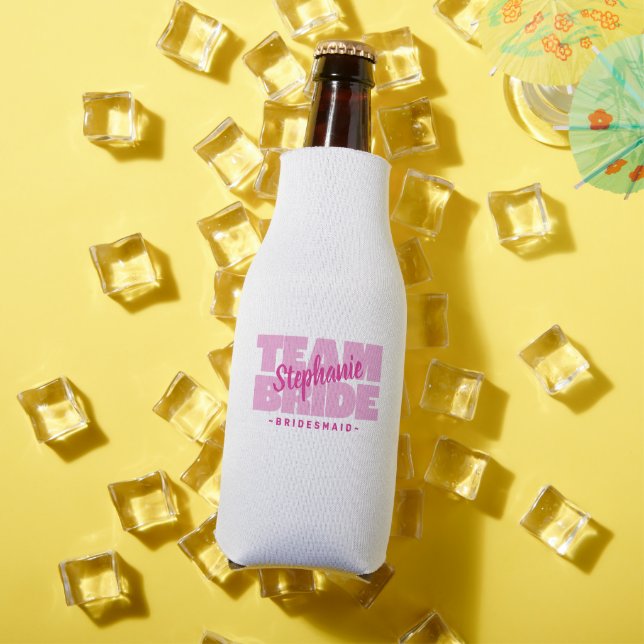 Team Bride Bridesmaid Name Wedding Party Beer Pink Bottle Cooler (In Situ Summer)