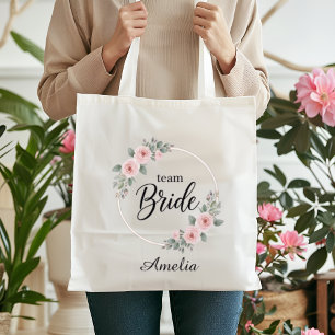 Team Bride Custom Elegant Pink Floral Gold Wedding Tote Bag