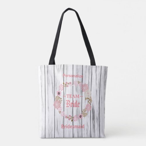 Team Bride Deep Pink Floral Wedding Wreath on Wood Tote Bag