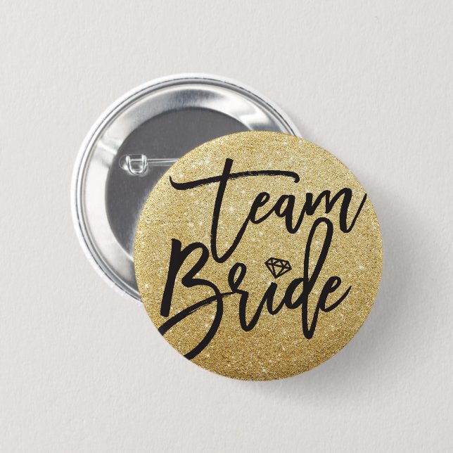 Team Bride Diamond Bridal Party Chic Gold Glitter Button (Front & Back)