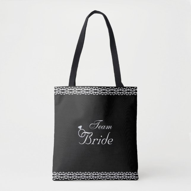 Team Bride, Diamond Ring & White Lace on Black Tote Bag (Front)