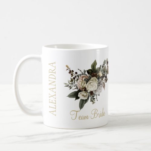 Team bride elegant white flowers winter wedding coffee mug