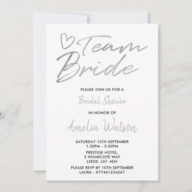 Team Bride Faux silver bridal shower invite (Front)
