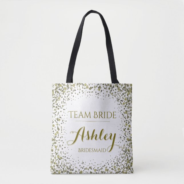 Team Bride Gold Glitter Confetti Dots Tote Bag (Front)