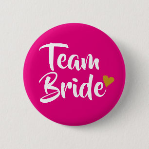 Team Bride Gold Heart Girly Pink Button