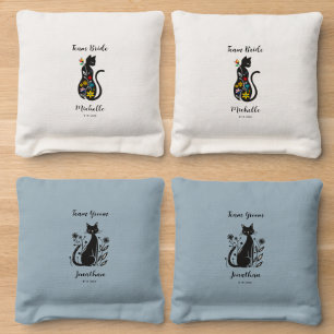 Team Bride & Groom Black Cats Flowers Hearts Cornhole Bags
