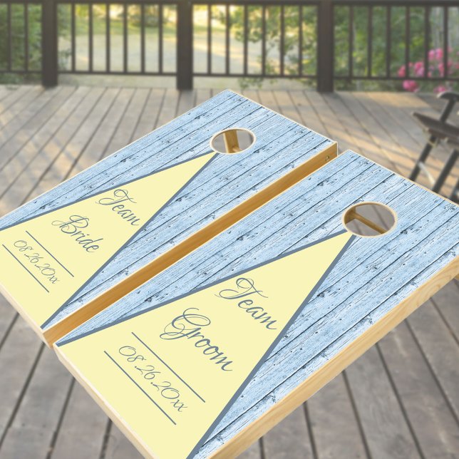 Team Bride & Groom Blue and Yellow Wedding Cornhole Set (Creator Uploaded)