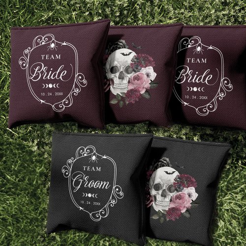 Team Bride  Groom Halloween Gothic Floral Skull Cornhole Bags