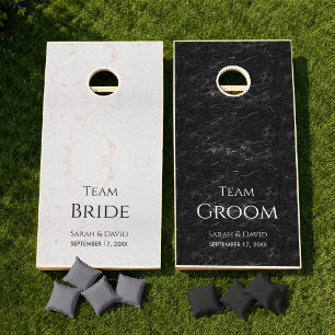 Team Bride & Groom Wedding Black & White Marble Cornhole Set