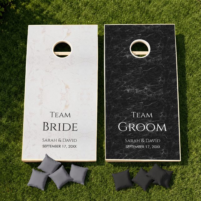  Team Bride & Groom Wedding Black & White Marble Cornhole Set (Creator Uploaded)