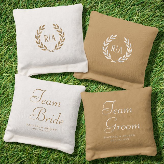 Team Bride Groom Wedding Monogram Gold Cornhole Bags (Creator Uploaded)