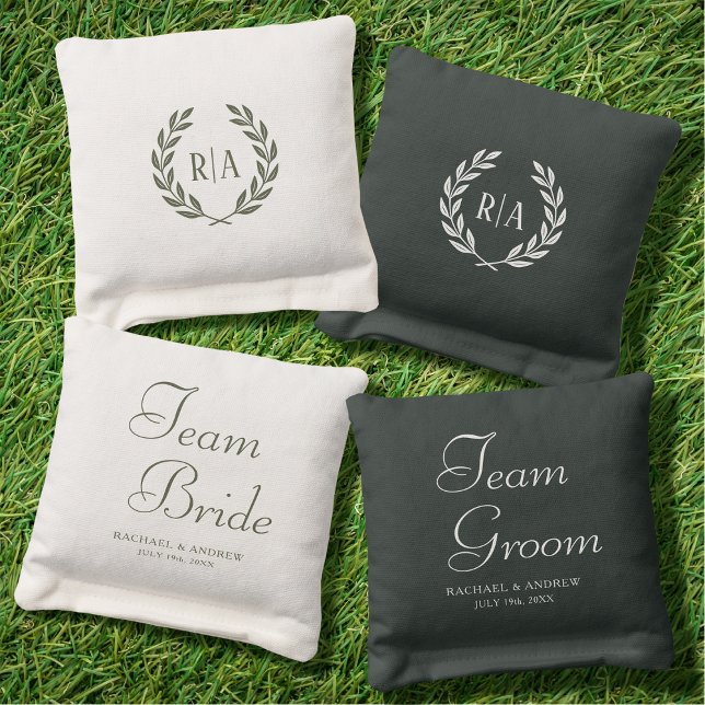 Team Bride Groom Wedding Monogram Green Cornhole Bags (Creator Uploaded)